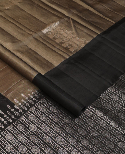 Brown floral buttas soft silk saree, contrast floral design zari border & pallu of floral design