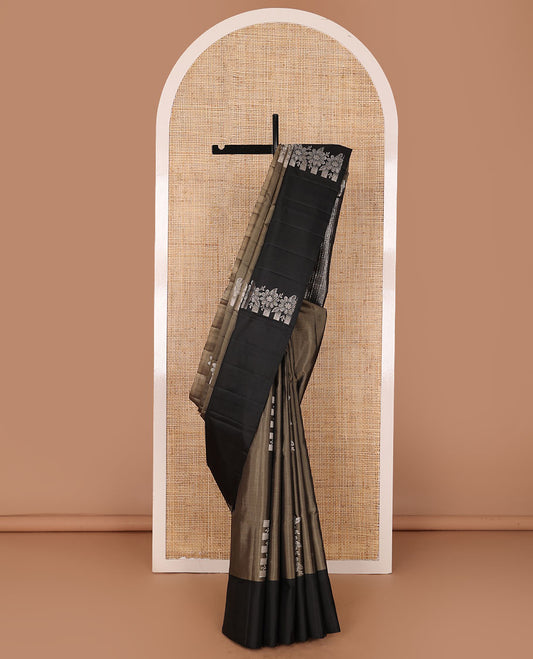 Brown floral buttas soft silk saree, contrast floral design zari border & pallu of floral design