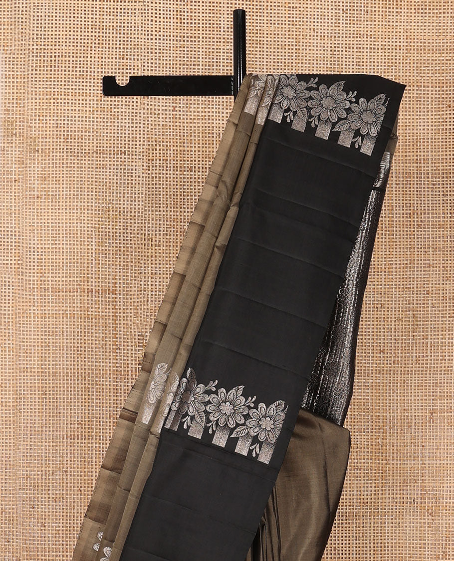 Brown floral buttas soft silk saree, contrast floral design zari border & pallu of floral design