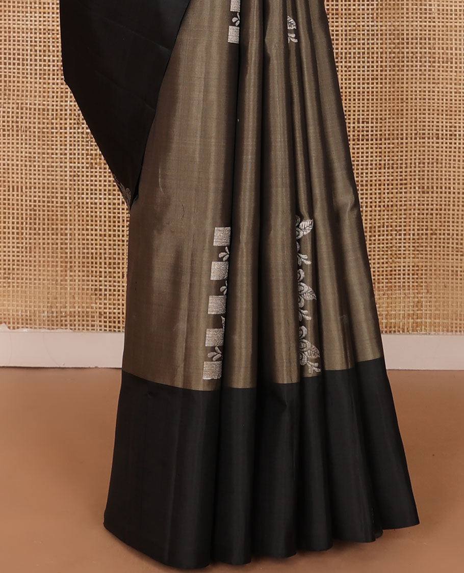 Brown floral buttas soft silk saree, contrast floral design zari border & pallu of floral design