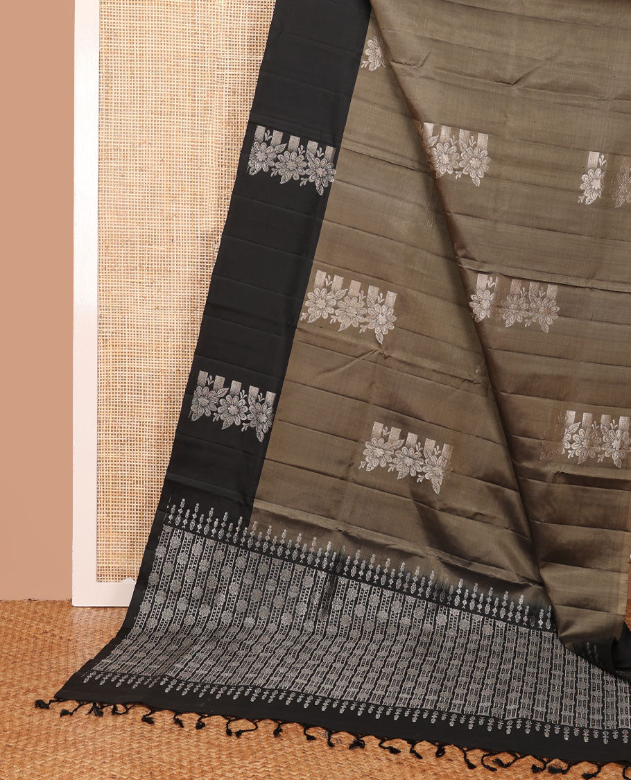 Brown floral buttas soft silk saree, contrast floral design zari border & pallu of floral design