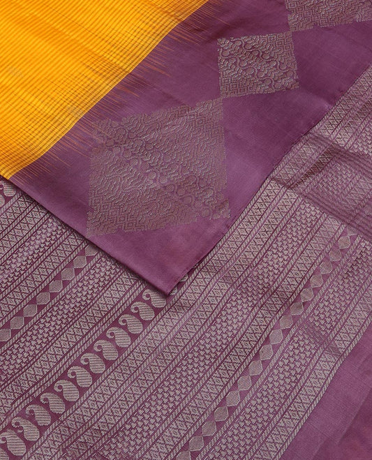 Orange vazhaipoo striped & buttas soft silk saree, contrast diamond patterned border & pallu of traditional zari designs