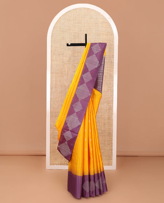 Orange vazhaipoo striped & buttas soft silk saree, contrast diamond patterned border & pallu of traditional zari designs