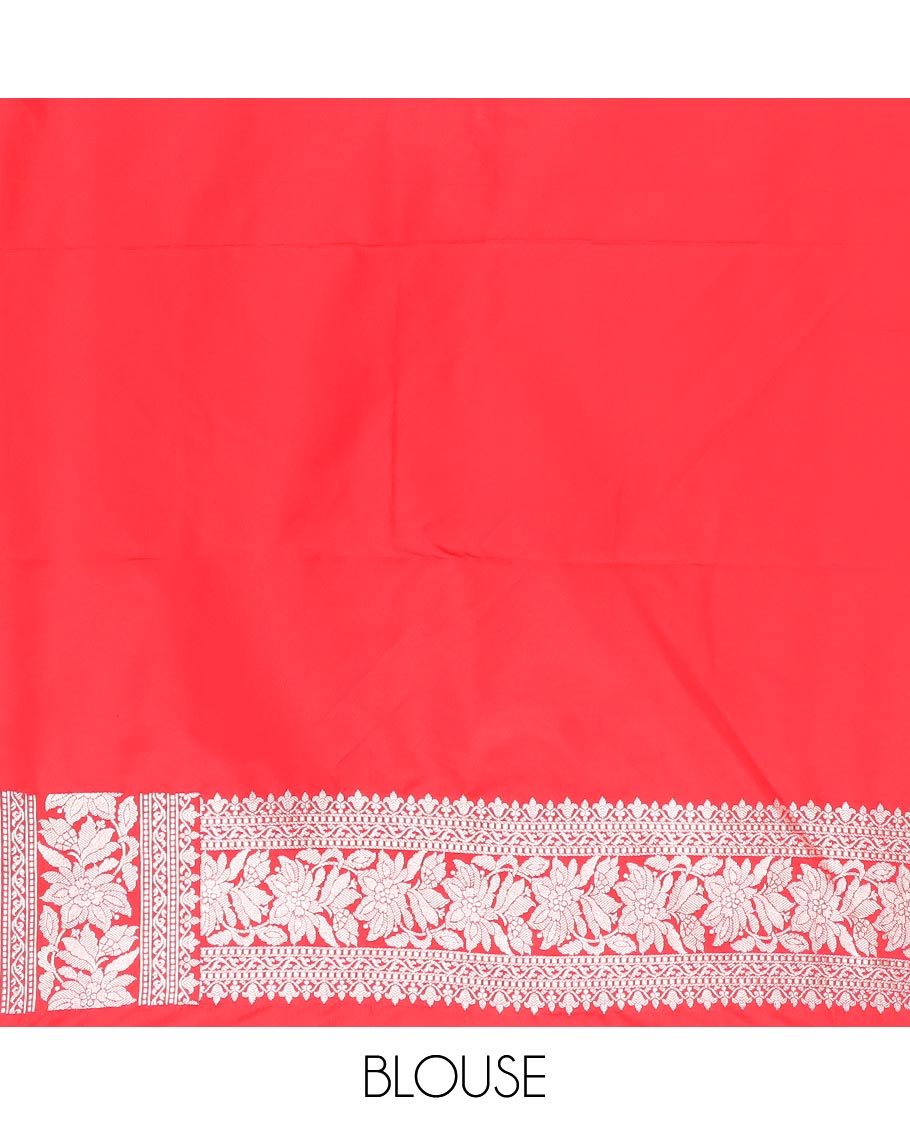 Red zari buttas mushru silk saree, self-border of floral creeper designs, and flower vase buttas woven pallu
