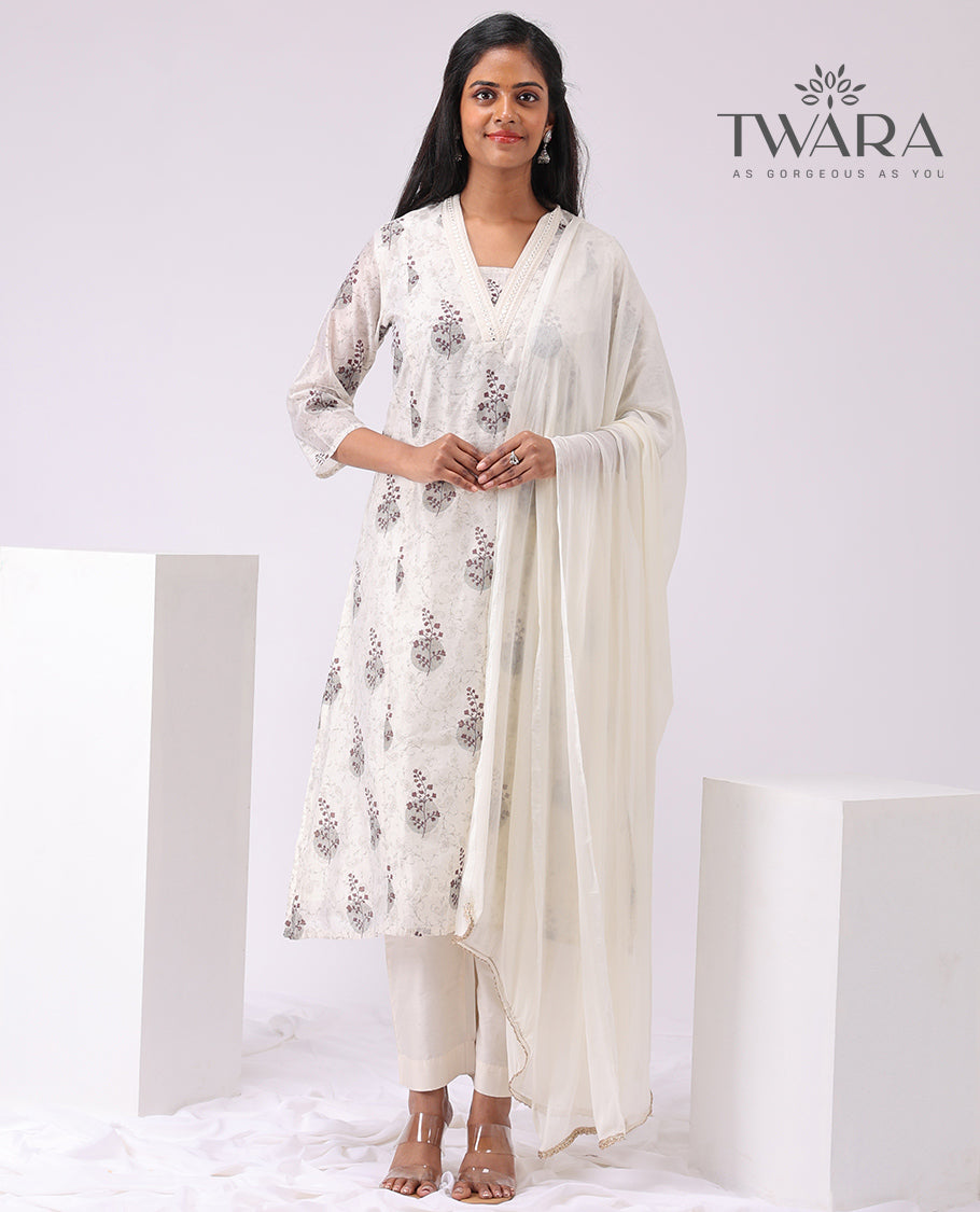 Twara white floral design v neck, 3/4 th sleeve, below knee lenght with straight pants & plain dupatta