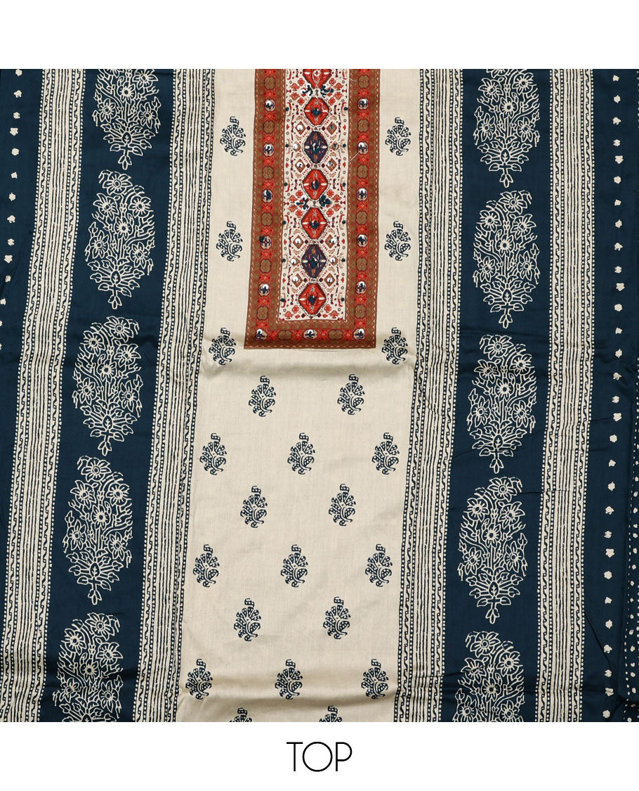 Cream and blue material chudidar set, block printed with neck work top, contrast plain bottom, and intricately block printed dupatta