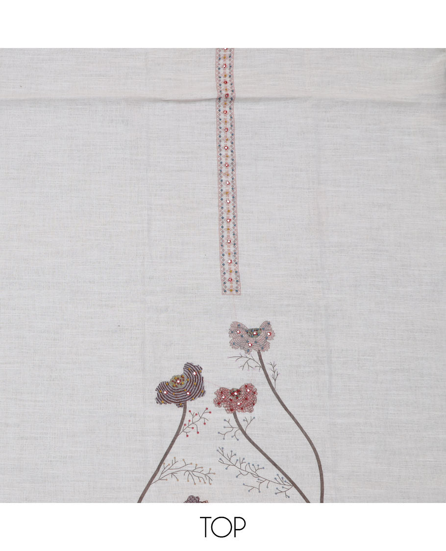 Cream material churidar set, floral motifs embroidered top, plain bottom, and a intricately printed dupatta