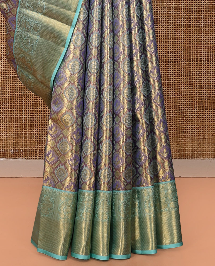 Lavender Jacquard Kanchipuram Tissue Silk Saree, a Contrast Border of Thilakam, and Mayil Designs, Grand Pallu, and Contrast Blouse