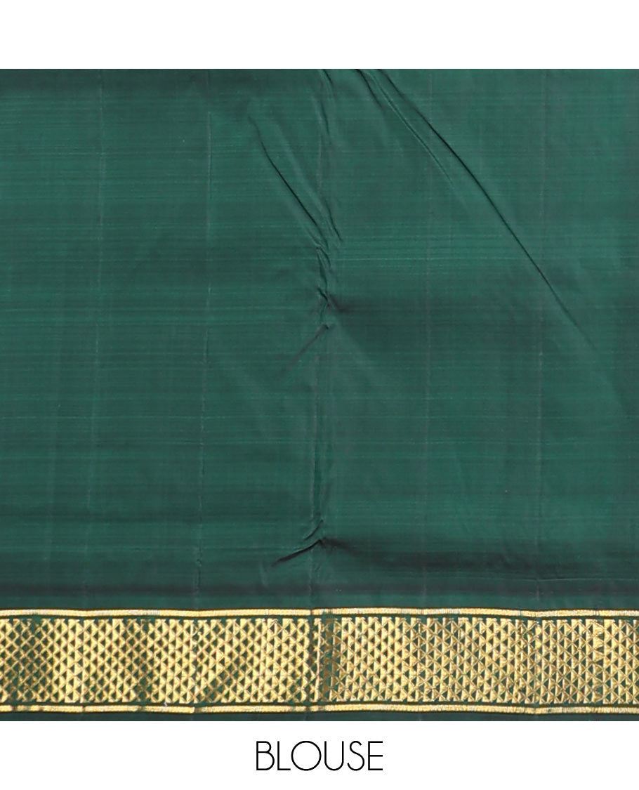 Red plain nine-yard silk saree, contrast ara maadam design korvai border, and pallu of ara maadam designs