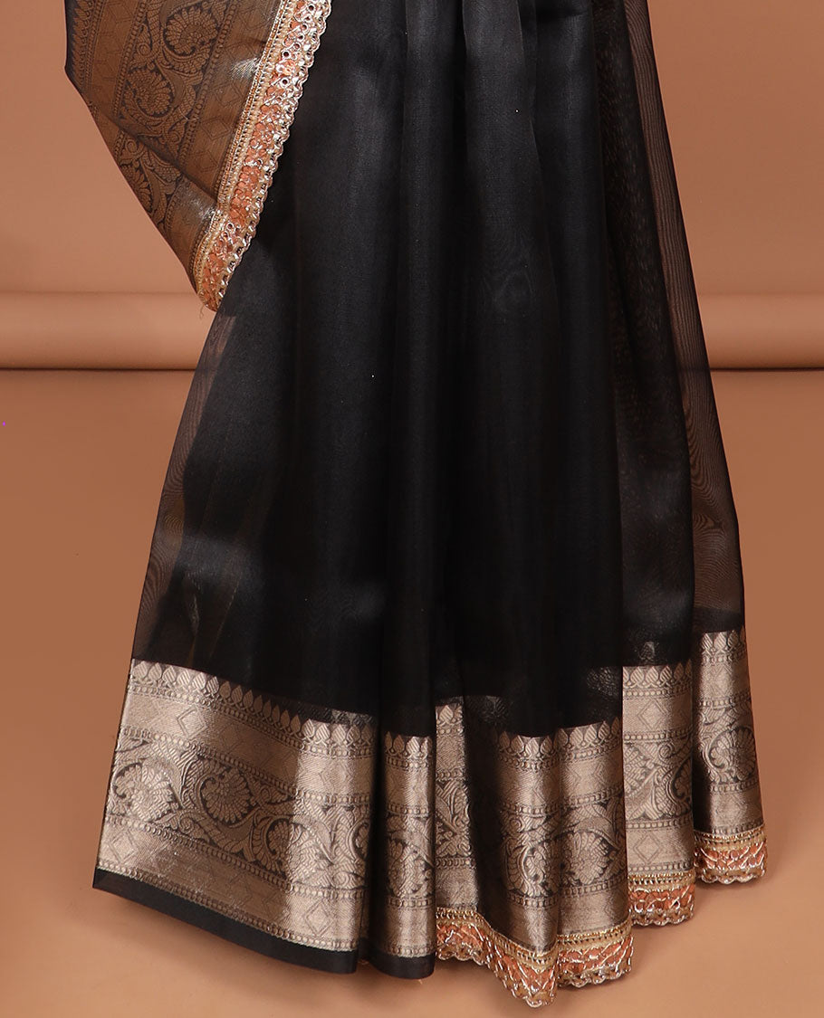 Black tissue saree with self zari design border & intricate zari design pallu