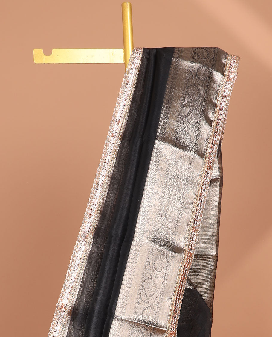 Black tissue saree with self zari design border & intricate zari design pallu