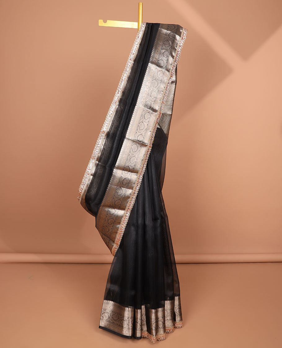 Black tissue saree with self zari design border & intricate zari design pallu