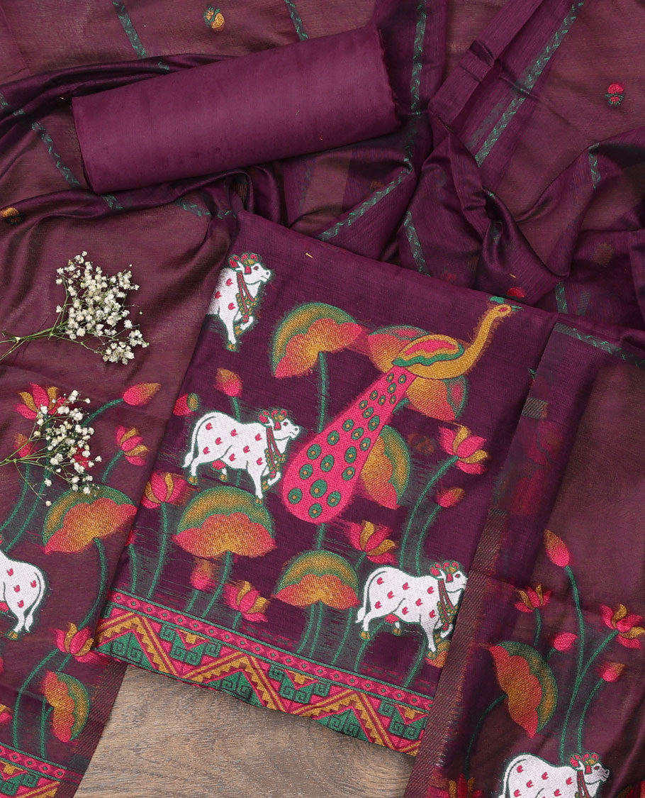Purple material chudidar set, hand-painting style Pichwai lotus, cow and peacock printed top, plain bottom and dupatta mirrors the same top print