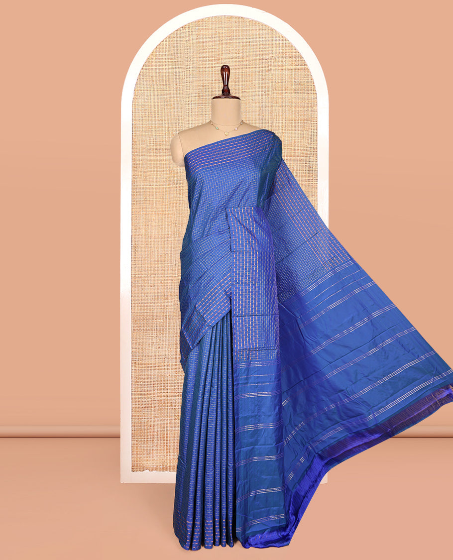 Blue Aarani Gift Saree, Highlighted by a Geometric Checked Design, Self-Border, Pallu of Stripes, and Paired with a Matching Blouse
