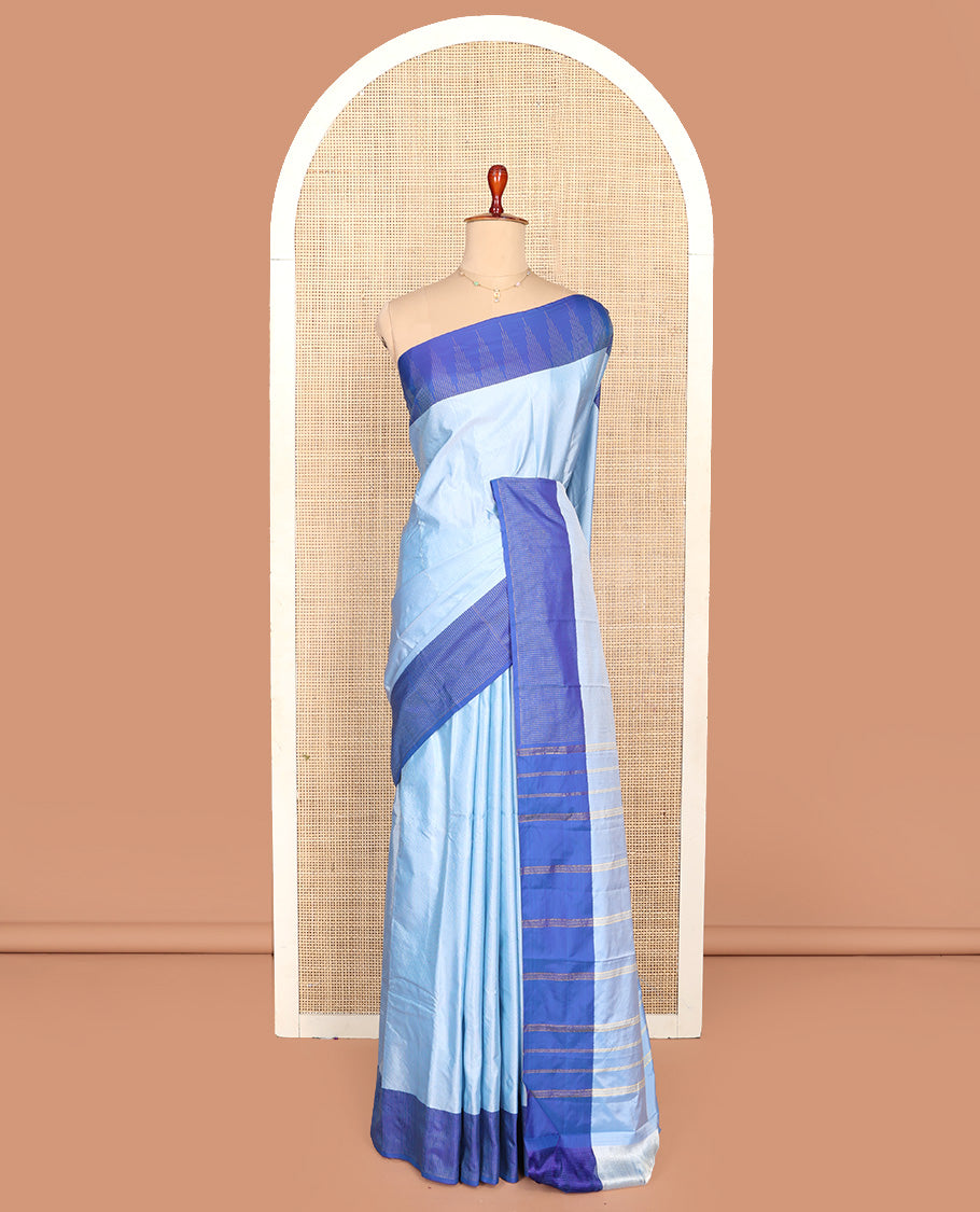 Blue Aarani Silk Saree, Dazzled with Stripes on Its Body, Complemented by a Contrast Temple Border, Pallu of Stripes, and Paired with a Matching Blouse