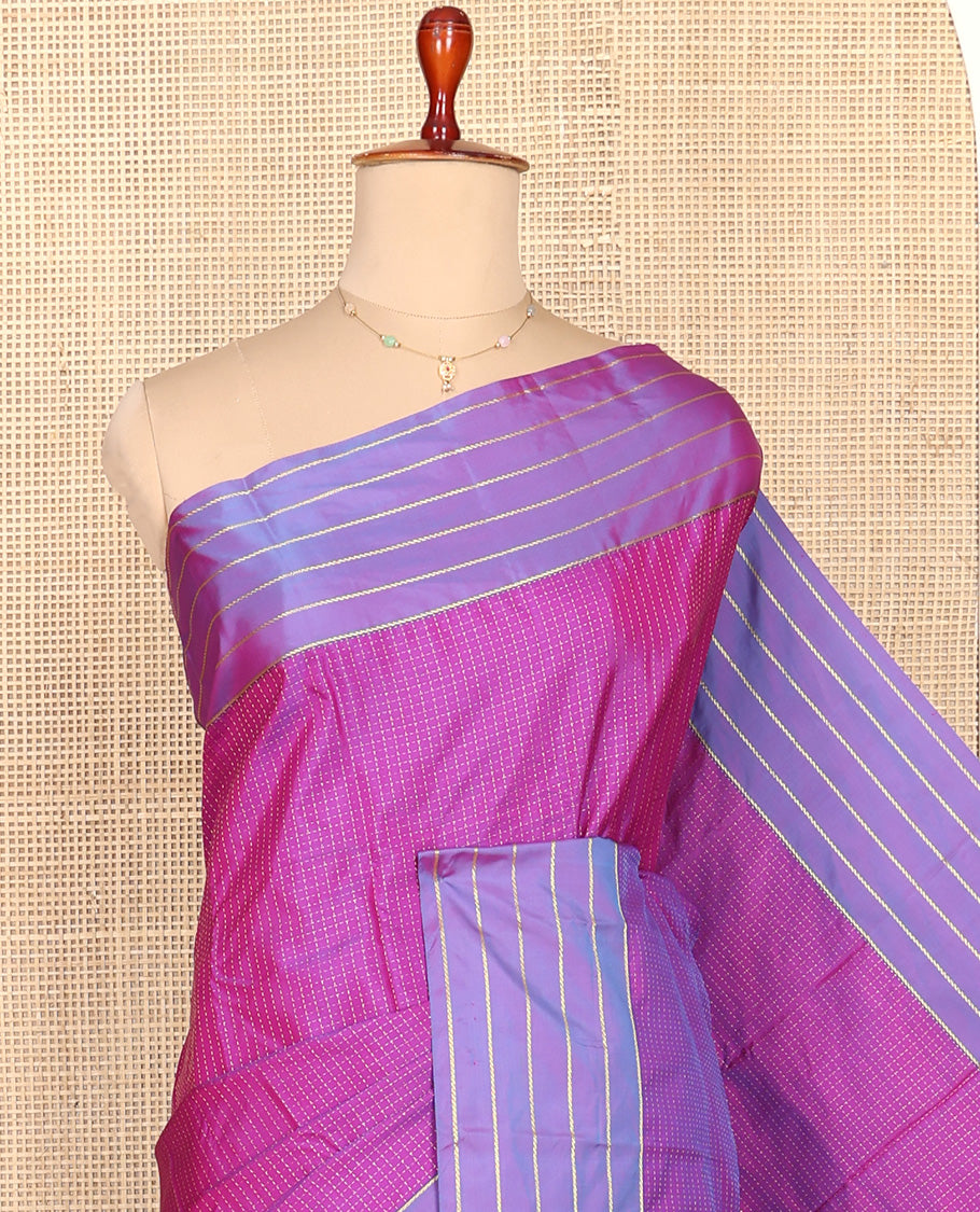 Pink Aarani Silk Saree, Enriched with Zari Micro-Checked Design All Over Its Body, Complemented by a Contrast Zari Stripes Border, Pallu of Stripes, and Paired with a Contrast Blouse