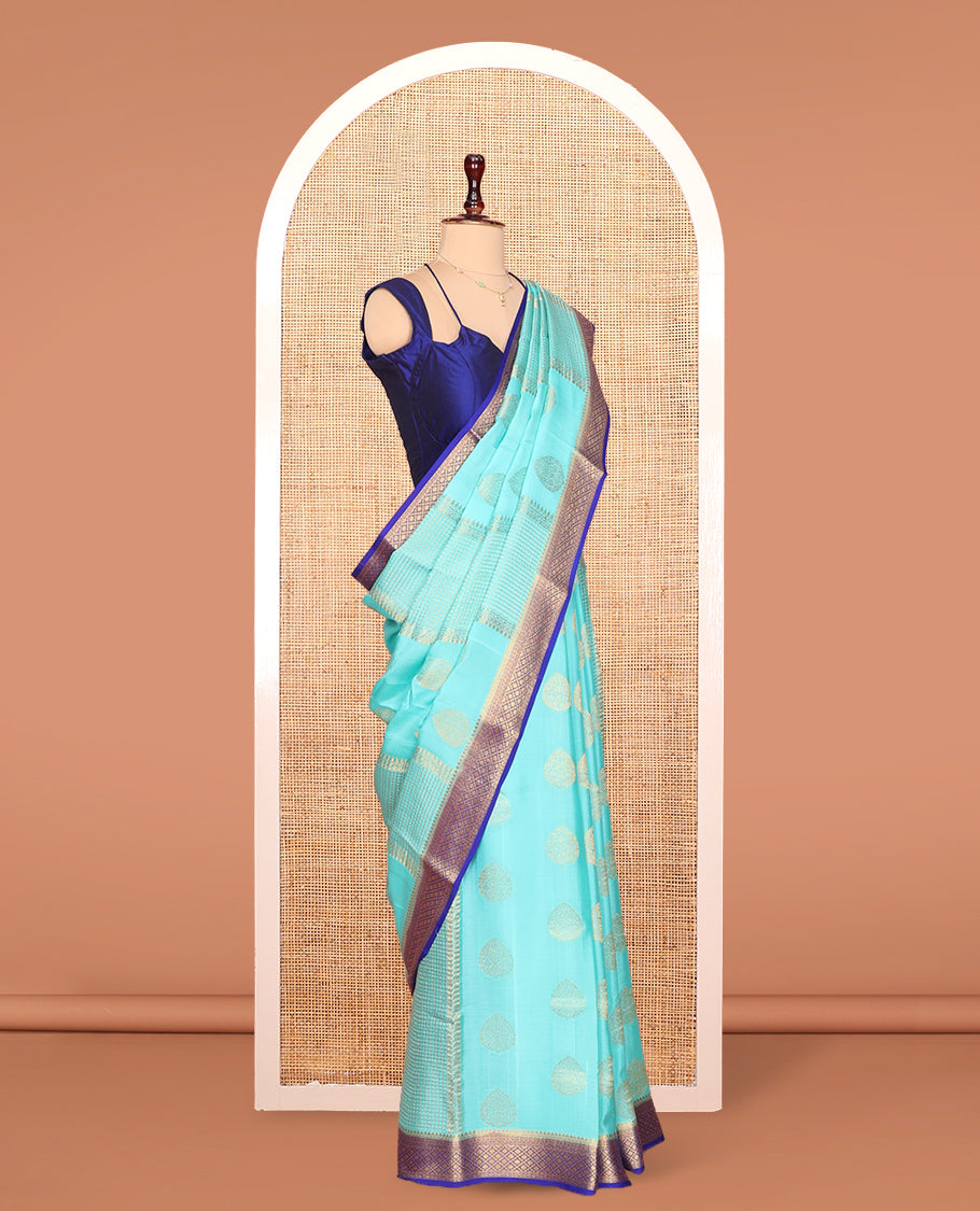 Blue Mysore Silk Saree, Embellished with Zari Buttas All Over Its Body, Complemented by Captivating Contrast Border of Traditional Zari Designs, Zari Designs Woven Pallu and Paired with a Contrast Blouse