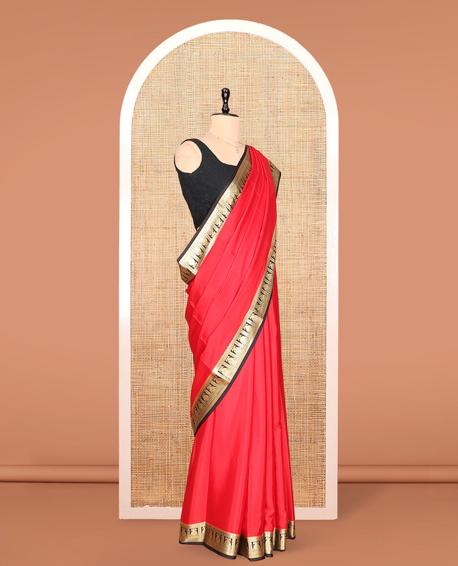 Red Plain Mysore Silk Saree, Complemented by a Contrast Two-Headed Eagle Zari Border, Zari Design Pallu, and a Contrast Blouse