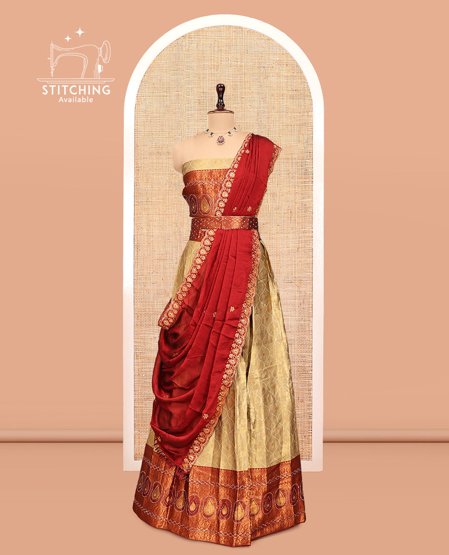 Gold-Red Banarasi Half-Saree, Bedecked with Butta Enclosed Ogee Design, a Contrast Traditional Zari Stone Work Border, a Matching Blouse, and a Contrast Embroidered Dhavani