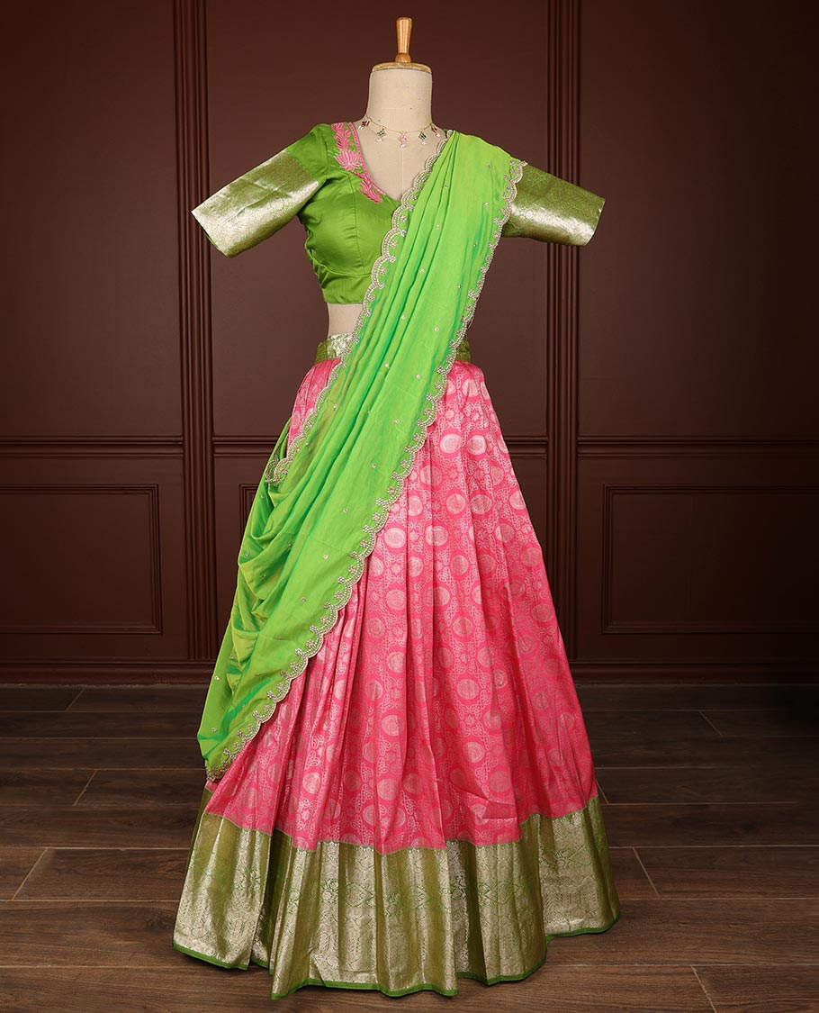 pink floral design half saree witn contrast zari design border, floral embroidery blouse & floral embroidery dhavani