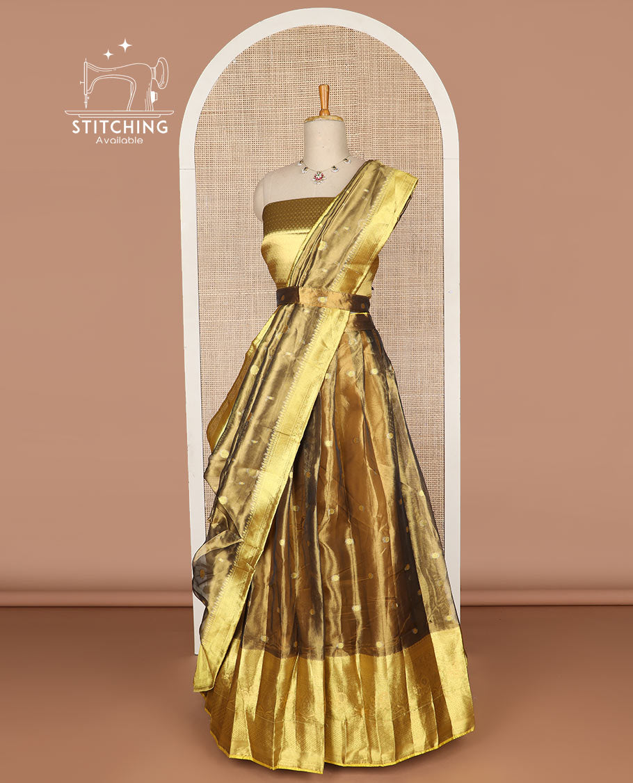 Brown buttas tissue half saree with contrast zari design border, checked zari design blouse & floral design dhavani