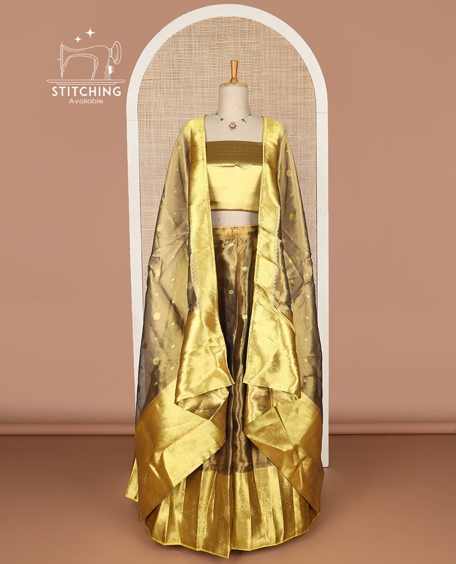 Brown buttas tissue half saree with contrast zari design border, checked zari design blouse & floral design dhavani
