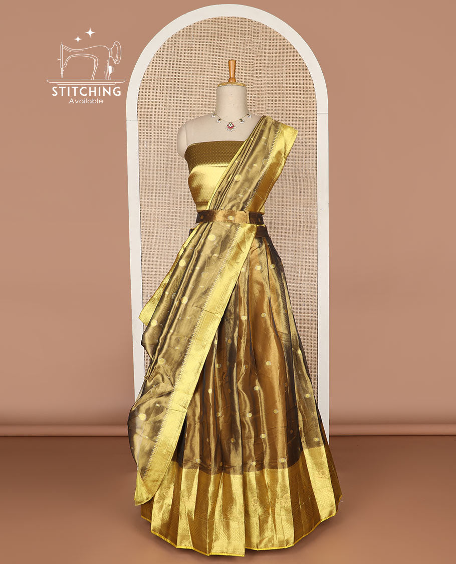 Brown buttas tissue half saree with contrast zari design border, checked zari design blouse & floral design dhavani