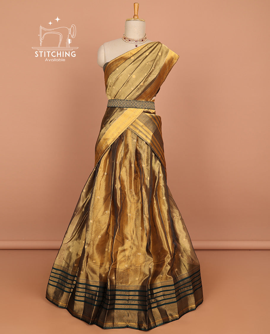 Brown buttas half saree with contrast dark green striped border, ogee zari design blouse & butta , striped zari design dhavani