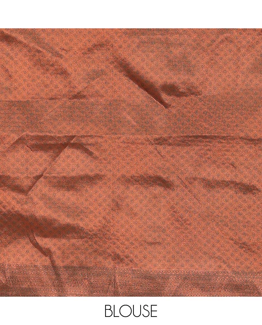 Cream lehenga set, zari buttas with contrast traditional design border skirt, jacquard blouse, and contrast zari buttas dhavani