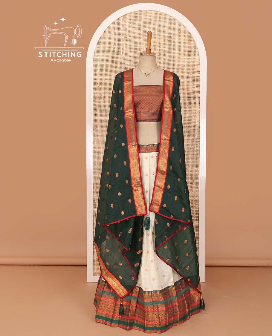 Cream lehenga set, zari buttas with contrast traditional design border skirt, jacquard blouse, and contrast zari buttas dhavani