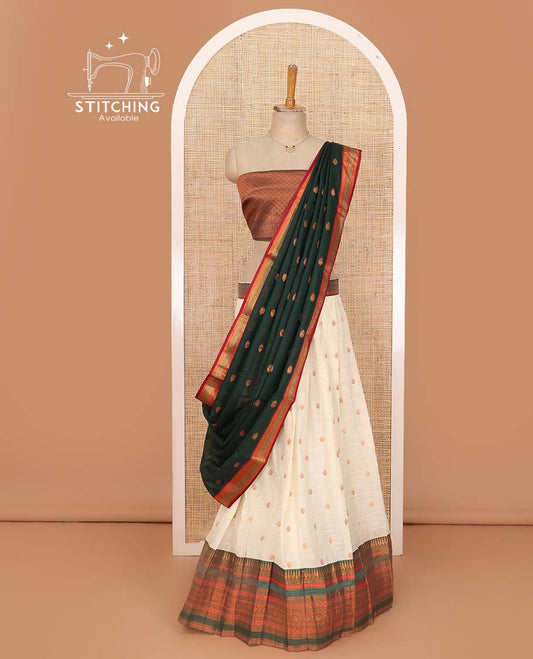 Cream lehenga set, zari buttas with contrast traditional design border skirt, jacquard blouse, and contrast zari buttas dhavani