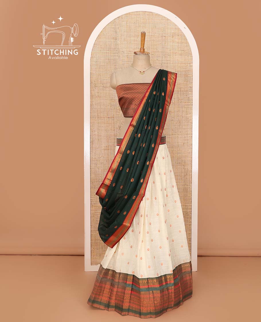 Cream lehenga set, zari buttas with contrast traditional design border skirt, jacquard blouse, and contrast zari buttas dhavani