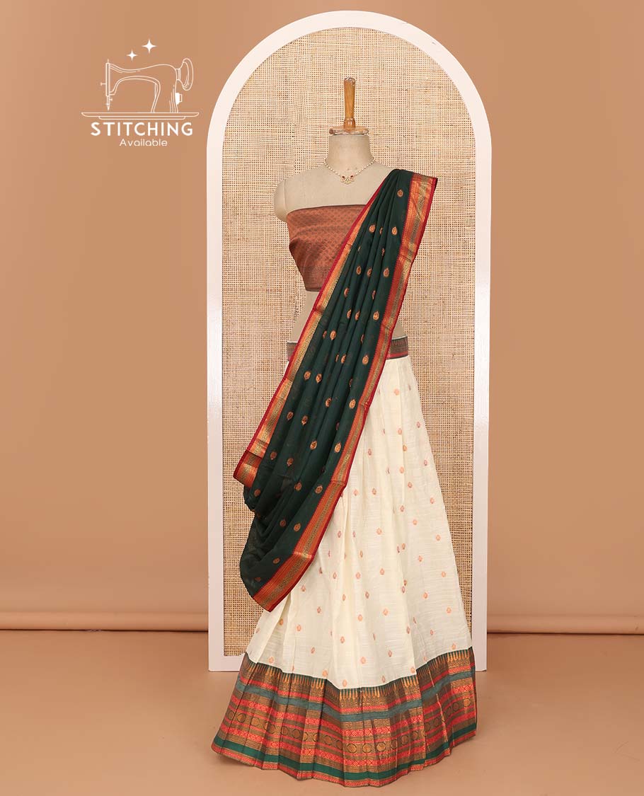 Cream lehenga set, zari buttas with contrast traditional design border skirt, jacquard blouse, and contrast zari buttas dhavani