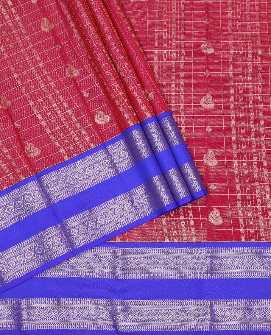 Red art silk pavadai material set, zari design pavadai with contrast blouse & traditional zari rettai pettu border
