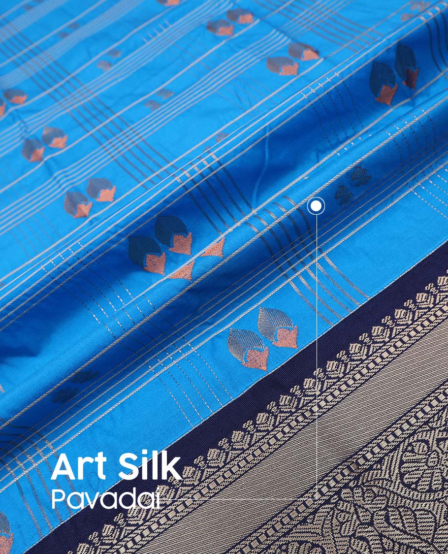 Blue art silk pavadai material, zari butta enclosed checked with contrast traditional zari border skirt, and contrast blouse