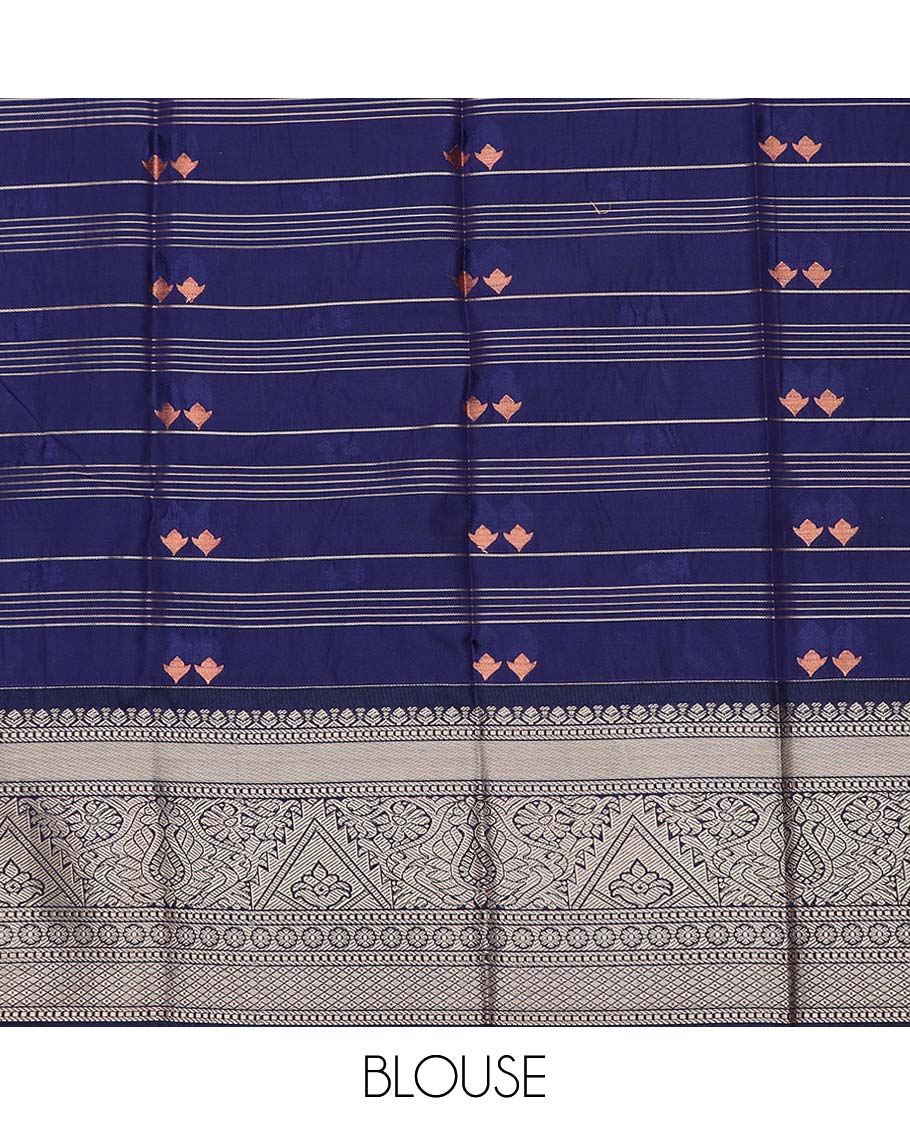 Blue art silk pavadai material, zari butta enclosed checked with contrast traditional zari border skirt, and contrast blouse