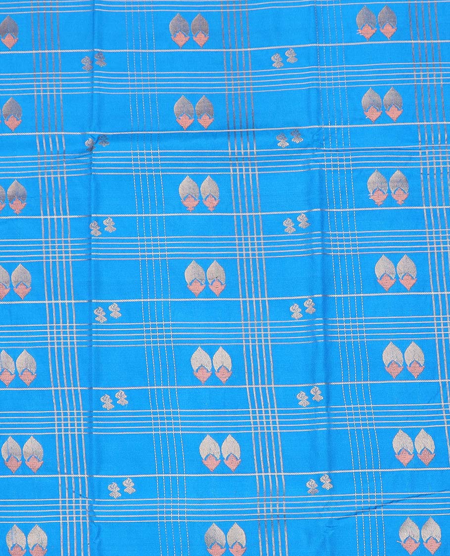 Blue art silk pavadai material, zari butta enclosed checked with contrast traditional zari border skirt, and contrast blouse