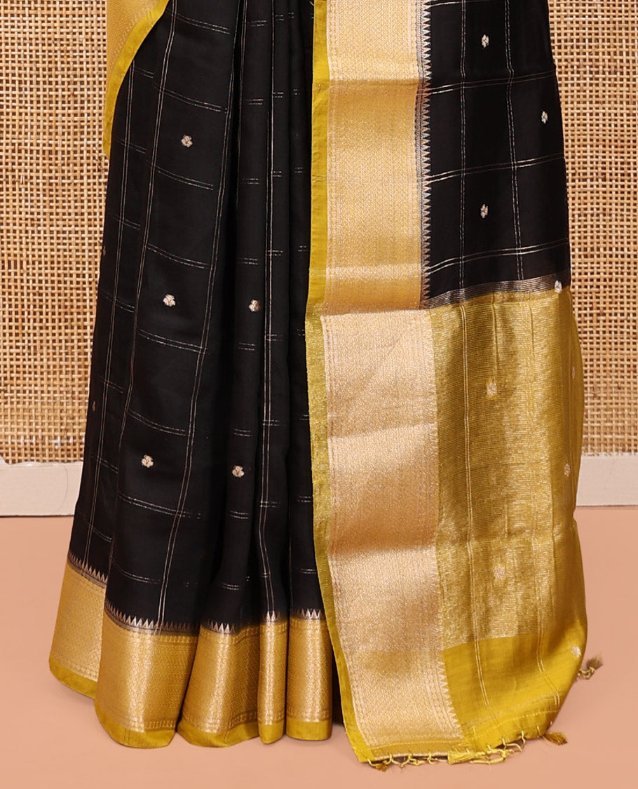 Black Assam Silk Saree, Gracefully Embellished with Zari Butta Enclosed Checks, Complemented by Contrast Traditional Zari Border, Striped Pallu, and a Contrast Blouse