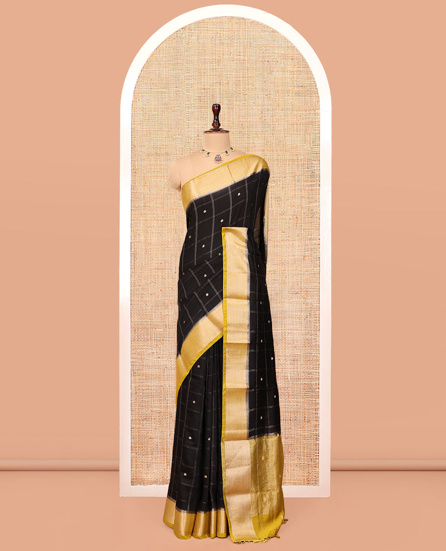 Black Assam Silk Saree, Gracefully Embellished with Zari Butta Enclosed Checks, Complemented by Contrast Traditional Zari Border, Striped Pallu, and a Contrast Blouse