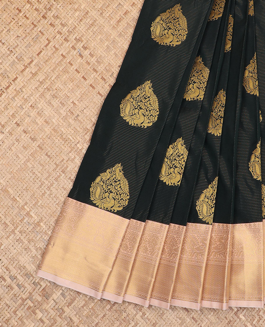 Black zari buttas gift saree, contrast traditional zari design rettai pettu border, and zari-rich jaal pallu