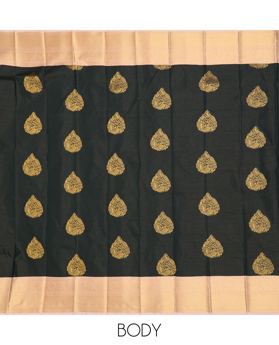 Black zari buttas gift saree, contrast traditional zari design rettai pettu border, and zari-rich jaal pallu
