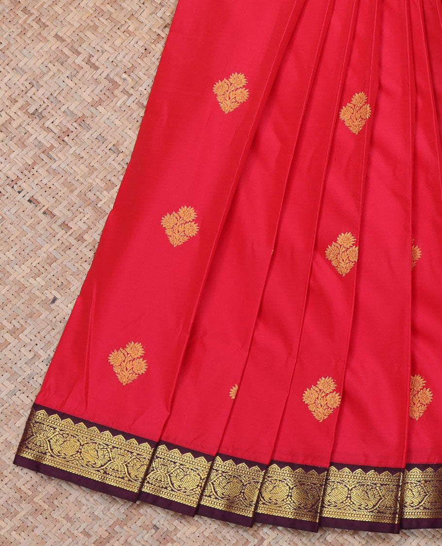 Red Budget Silk Saree, Prettified with Zari Buttas All Over Its Body, Complemented by a Contrast Traditional Zari Design Border of Peacocks, Pallu Features Geometric Designs, and Paired with a Contrast Blouse