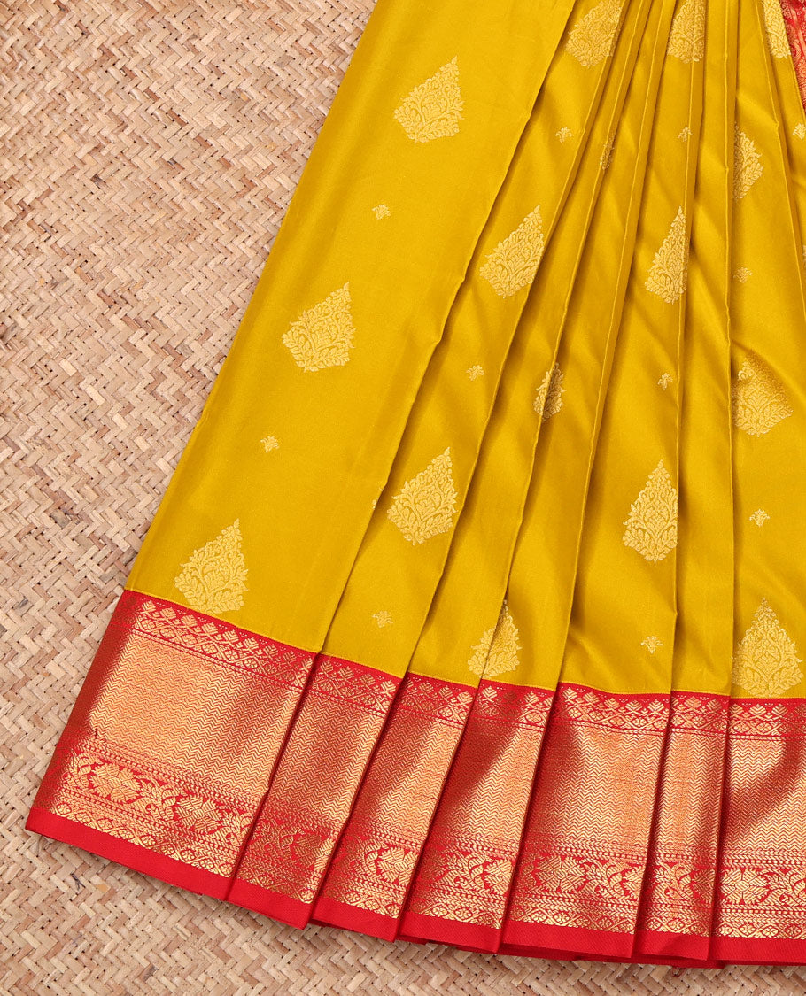 Yellow Budget Silk Saree, Sparsely Woven with Zari Buttas, Complemented by a Contrast Traditional Border, Grand Pallu, and Contrast Blouse