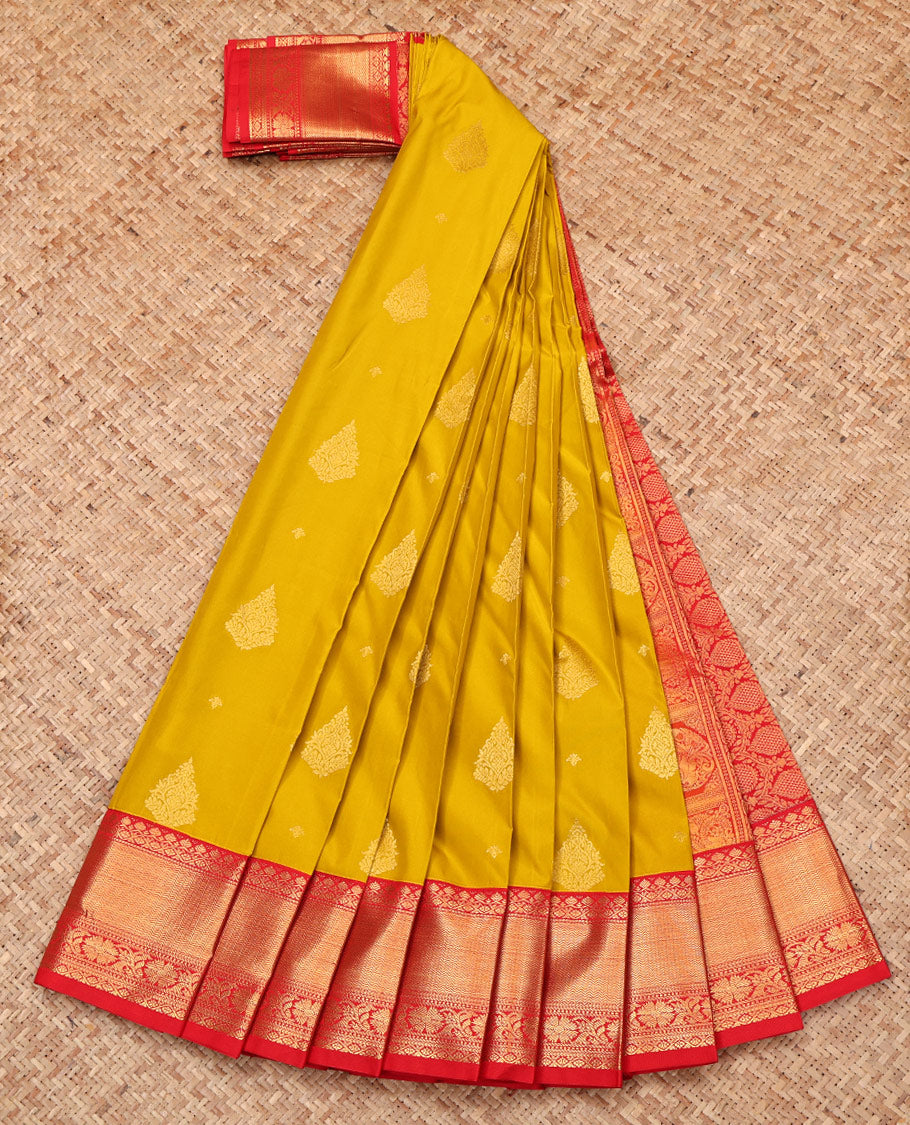 Yellow Budget Silk Saree, Sparsely Woven with Zari Buttas, Complemented by a Contrast Traditional Border, Grand Pallu, and Contrast Blouse
