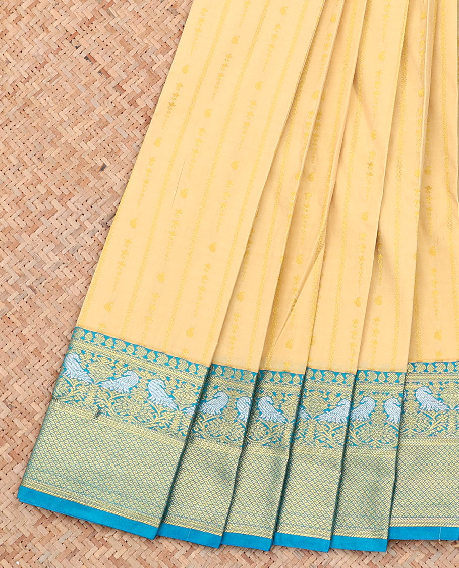 Sandal Budget Silk Saree, Subtly Sparkled with Zari Buttas on Its Body, Complemented by a Contrast Traditional Zari Design Border, Pallu of Jaal Design, and Paired with a Contrast Blouse