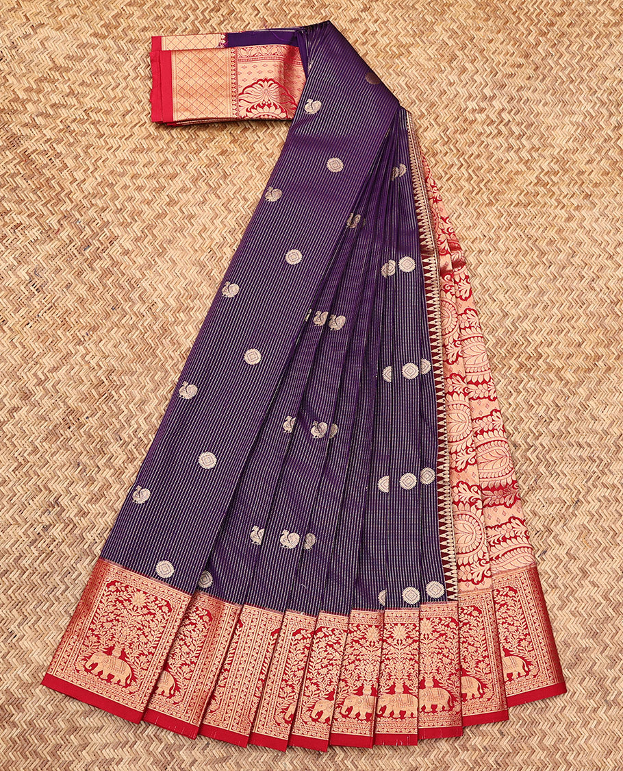 Violet Budget Silk Saree, Ornamented with Peacock-Chakram Buttas and Stripes, Complemented by a Contrast Traditional Zari Border, Grand Pallu, and a Contrast Blouse