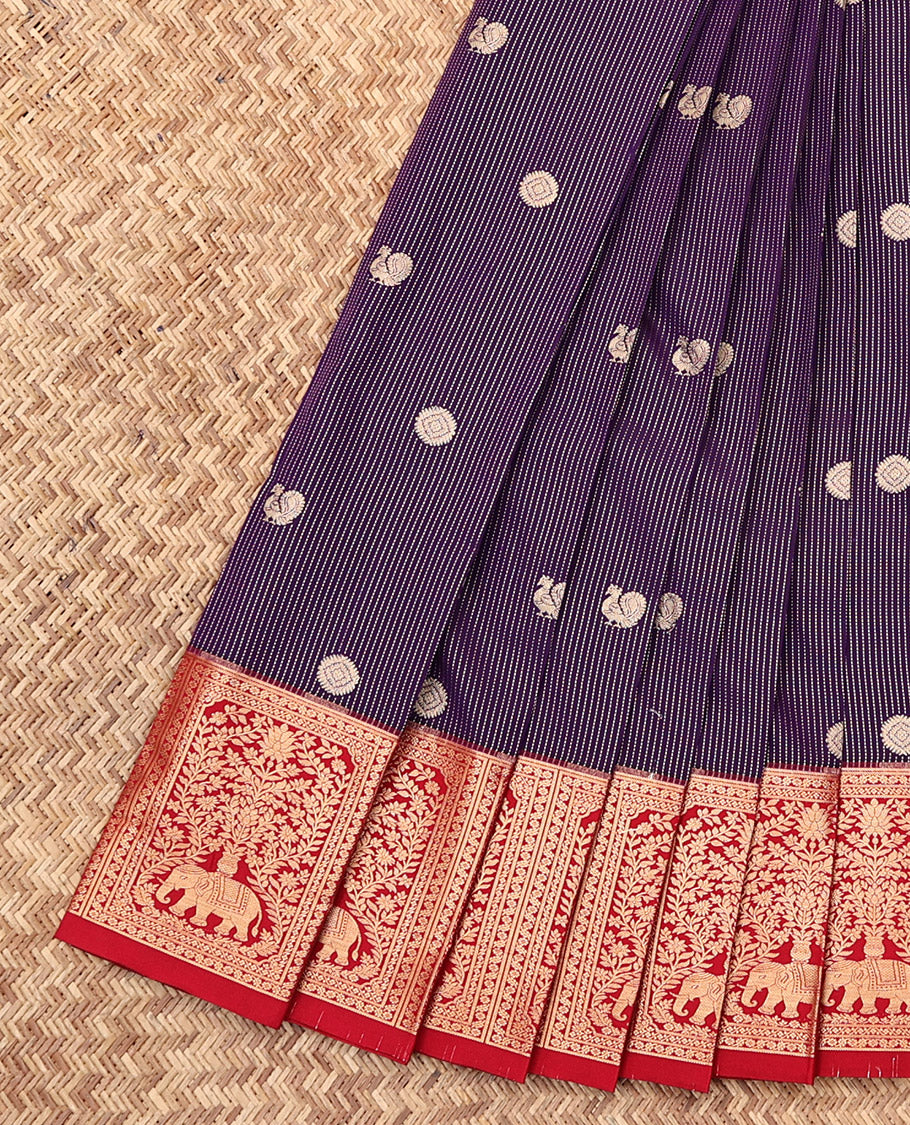 Violet Budget Silk Saree, Ornamented with Peacock-Chakram Buttas and Stripes, Complemented by a Contrast Traditional Zari Border, Grand Pallu, and a Contrast Blouse