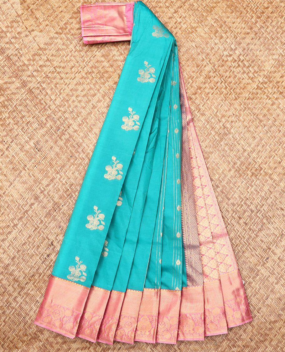 Blue Budget Silk Saree, Graced with Zari Buttas, Complemented by a Contrast Traditional Zari Border, Grand Pallu, and a Contrast Blouse