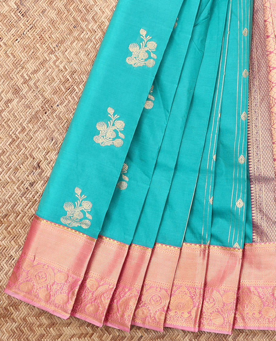 Blue Budget Silk Saree, Graced with Zari Buttas, Complemented by a Contrast Traditional Zari Border, Grand Pallu, and a Contrast Blouse