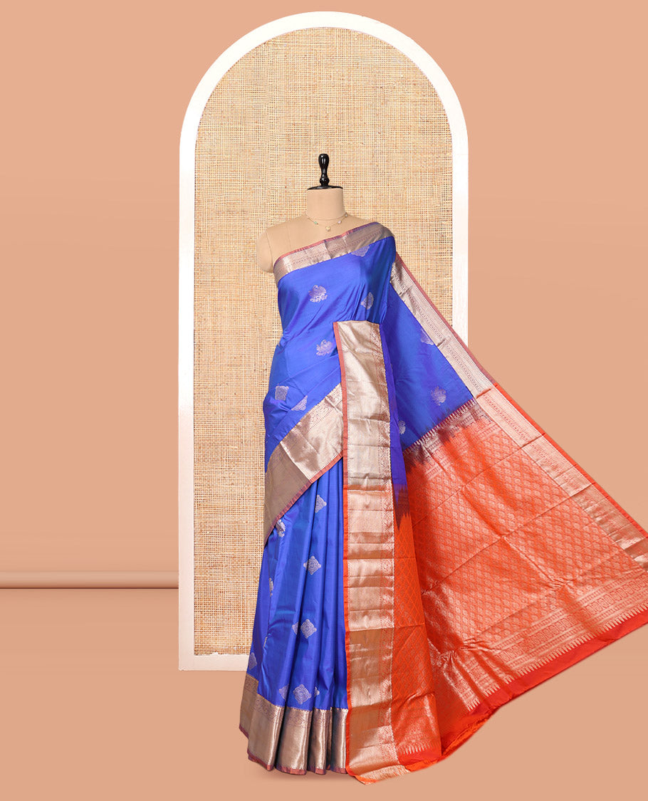 Blue Budget Silk Saree, Ornamented with Zari Buttas, Complemented by Contrast Floral Creeper Zari Border, Pallu of Jaal Designs, and Contrast Blouse
